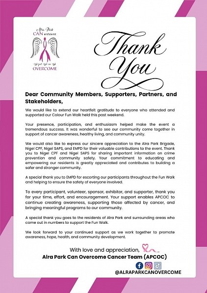 A heartfelt thank you to everyone who joined and supported APCOC's Colour Fun Walk this past weekend!   A special thank you to Alra Park Brigade, EMPD, Nigel CPF, and Nigel SAPS for their valuable talks on crime prevention and community safety. Thank you to our amazing community for showing up, walking with us, and making the day such a success. Together, we are stronger! 🙌  #APCOC #ColourFunWalk2026 #CommunityUnity #CancerAwareness #CrimePrevention #NigelCPF #NigelSAPS #AlraPark #TogetherWeCanOvercome